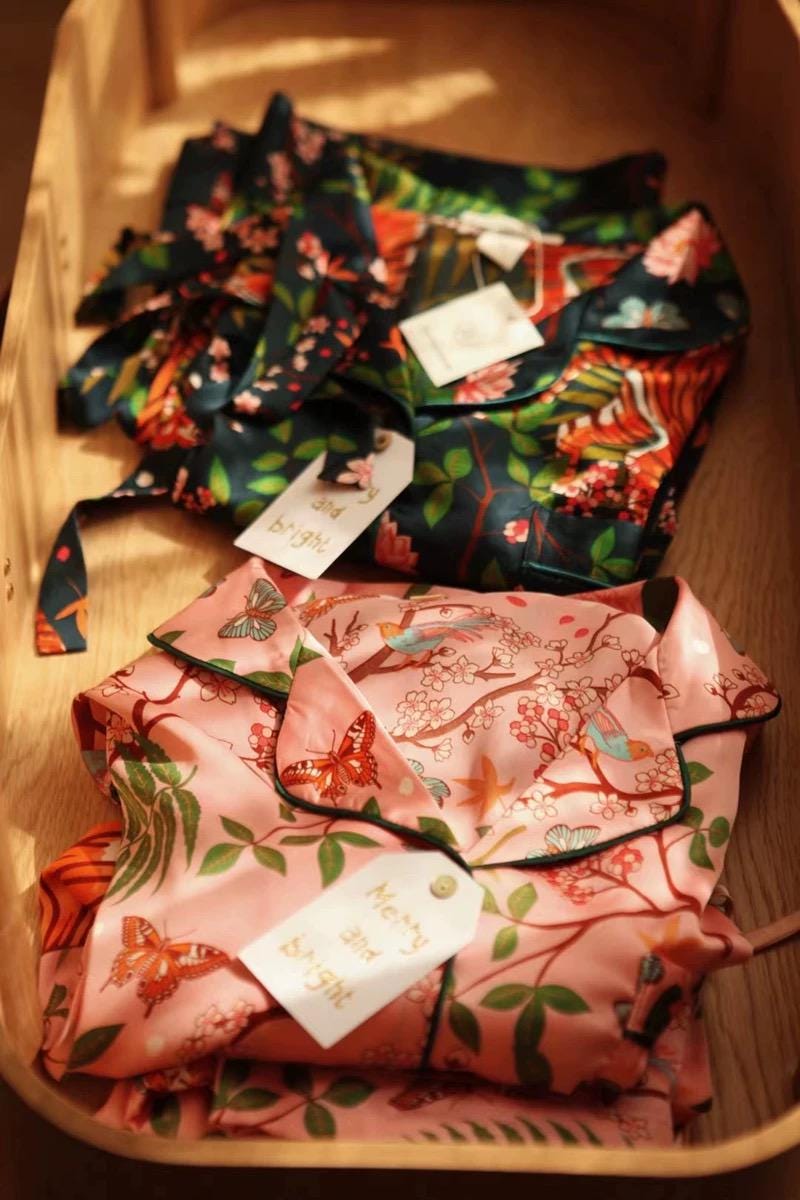 Luxury Silk Blend Christmas Pyjama Set Women – Personalised Message Tag &amp; Gift Box – Floral Tiger Print Satin PJs Christmas Present for Her