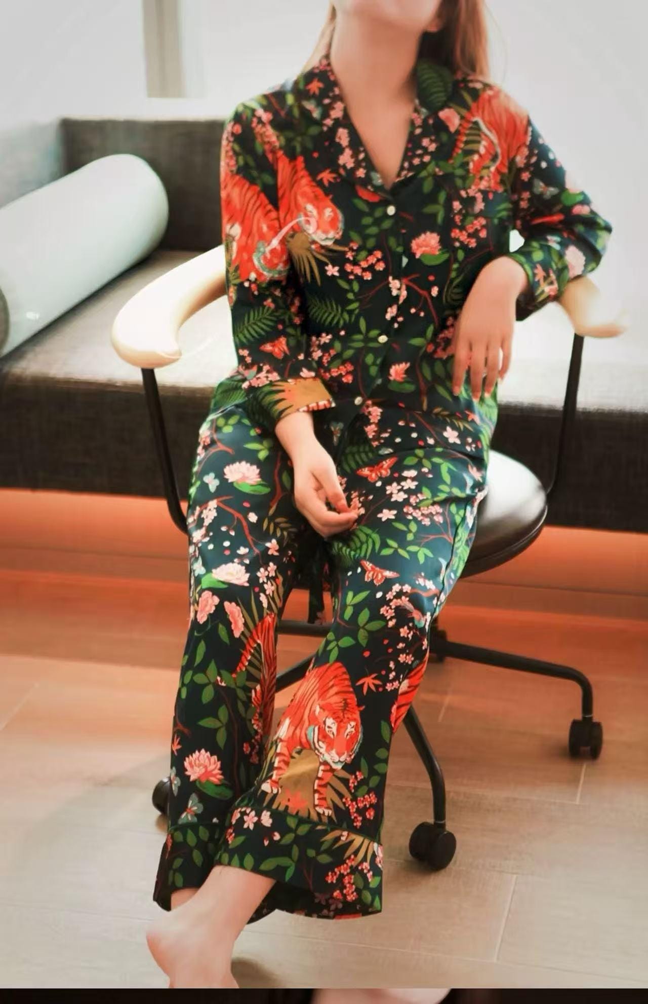 Luxury Silk Blend Christmas Pyjama Set Women – Personalised Message Tag &amp; Gift Box – Floral Tiger Print Satin PJs Christmas Present for Her