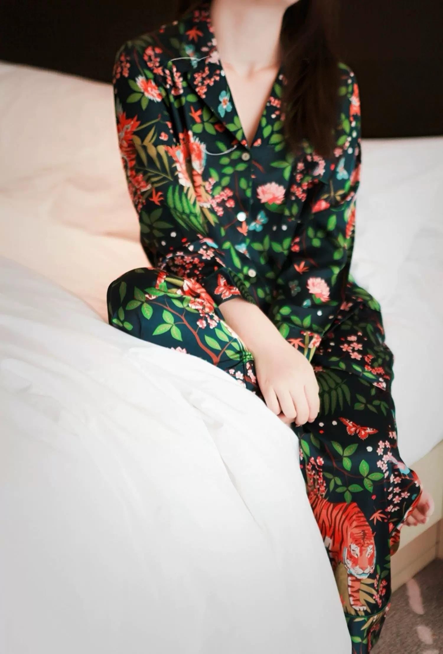 Luxury Silk Blend Christmas Pyjama Set Women – Personalised Message Tag &amp; Gift Box – Floral Tiger Print Satin PJs Christmas Present for Her