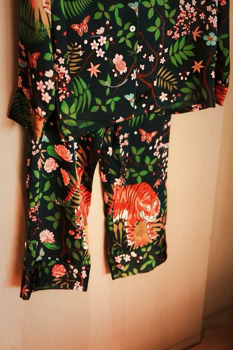 Luxury Silk Blend Christmas Pyjama Set Women – Personalised Message Tag &amp; Gift Box – Floral Tiger Print Satin PJs Christmas Present for Her