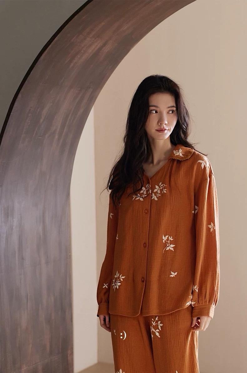 Women's Muslin Cotton Pajamas Dress – Orange Embroidered Loungewear, Button Front Sleep Dress, Relaxed Fit Nightgown, Maternity Dress