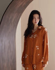 Women's Muslin Cotton Pajamas Dress – Orange Embroidered Loungewear, Button Front Sleep Dress, Relaxed Fit Nightgown, Maternity Dress