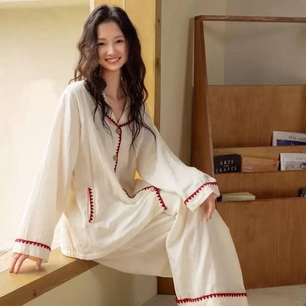 Red Trim Cotton Gauze Pyjama Set
