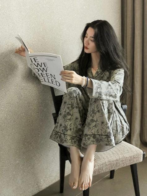 Butterfly Print Cotton Pyjama Set: Oriental Button-Up Loungewear
