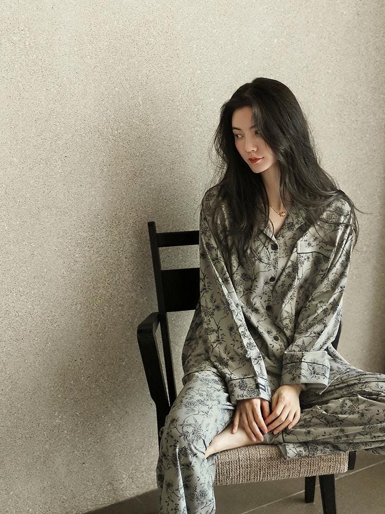 Butterfly Print Cotton Pyjama Set: Oriental Button-Up Loungewear