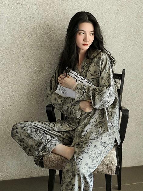 Butterfly Print Cotton Pyjama Set: Oriental Button-Up Loungewear