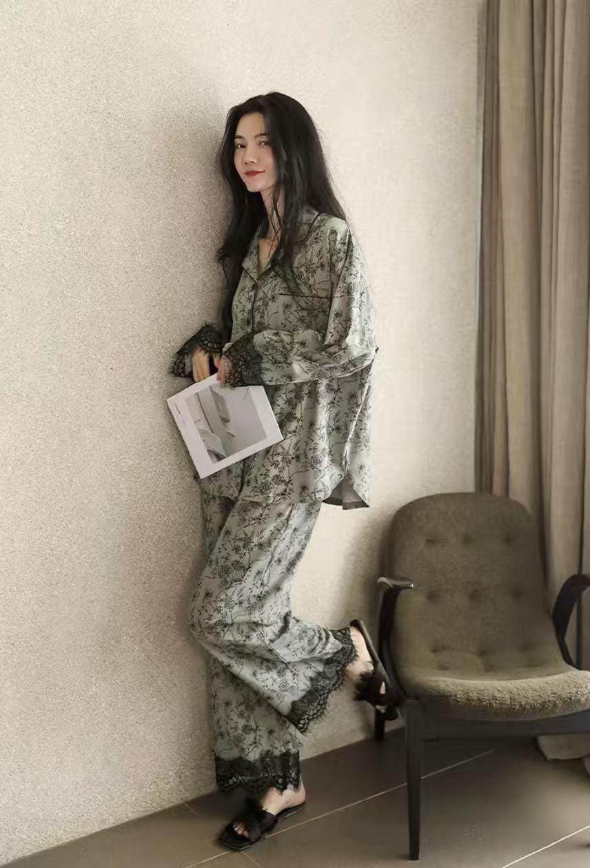 Butterfly Print Cotton Pyjama Set: Oriental Button-Up Loungewear