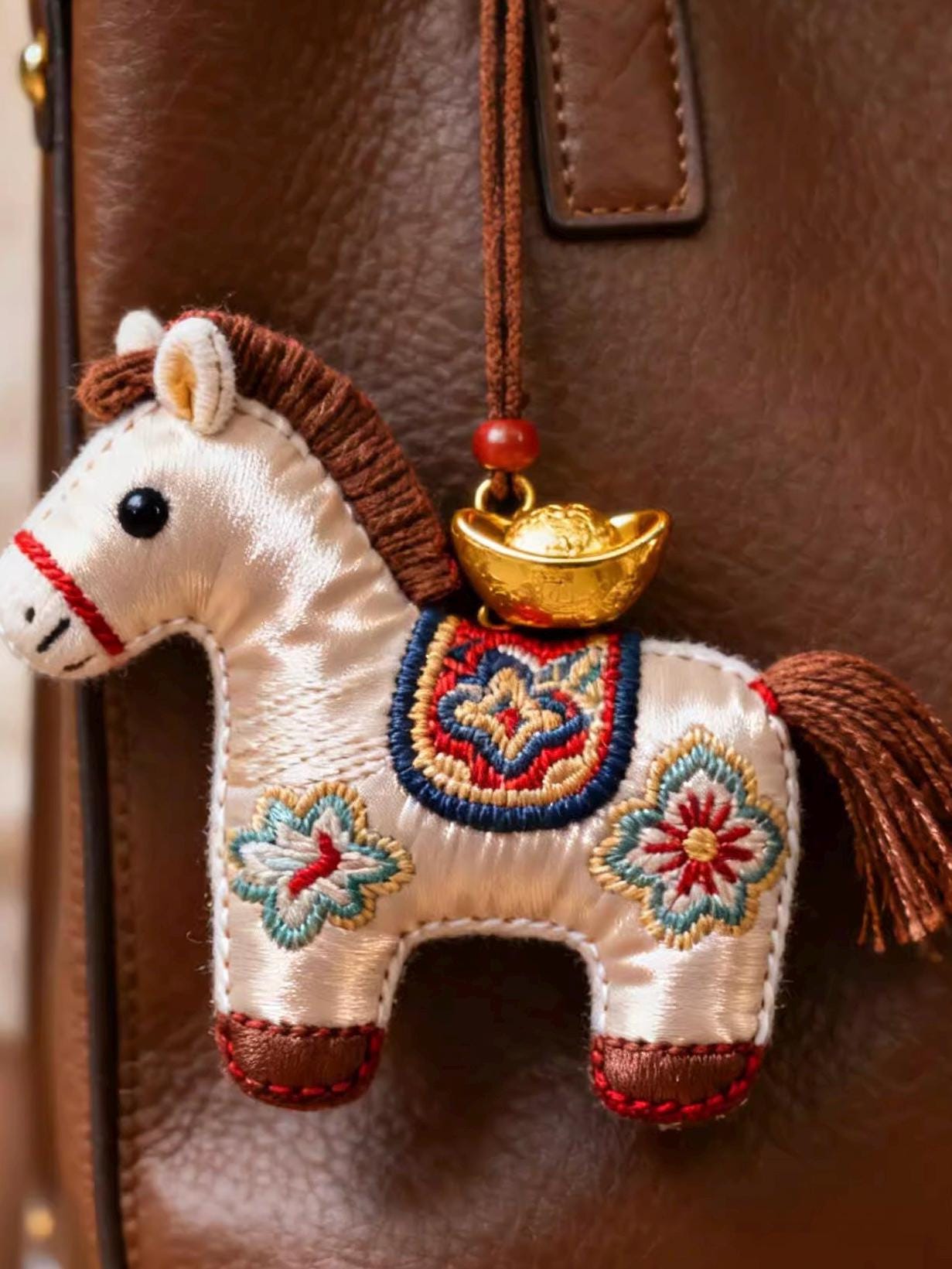 Silk Embroidered Horse Ornament • Lucky Charm Keychain • Oriental Bag Charm • Christmas Stocking Filler • Tree Decor • Mulberry Silk Gift