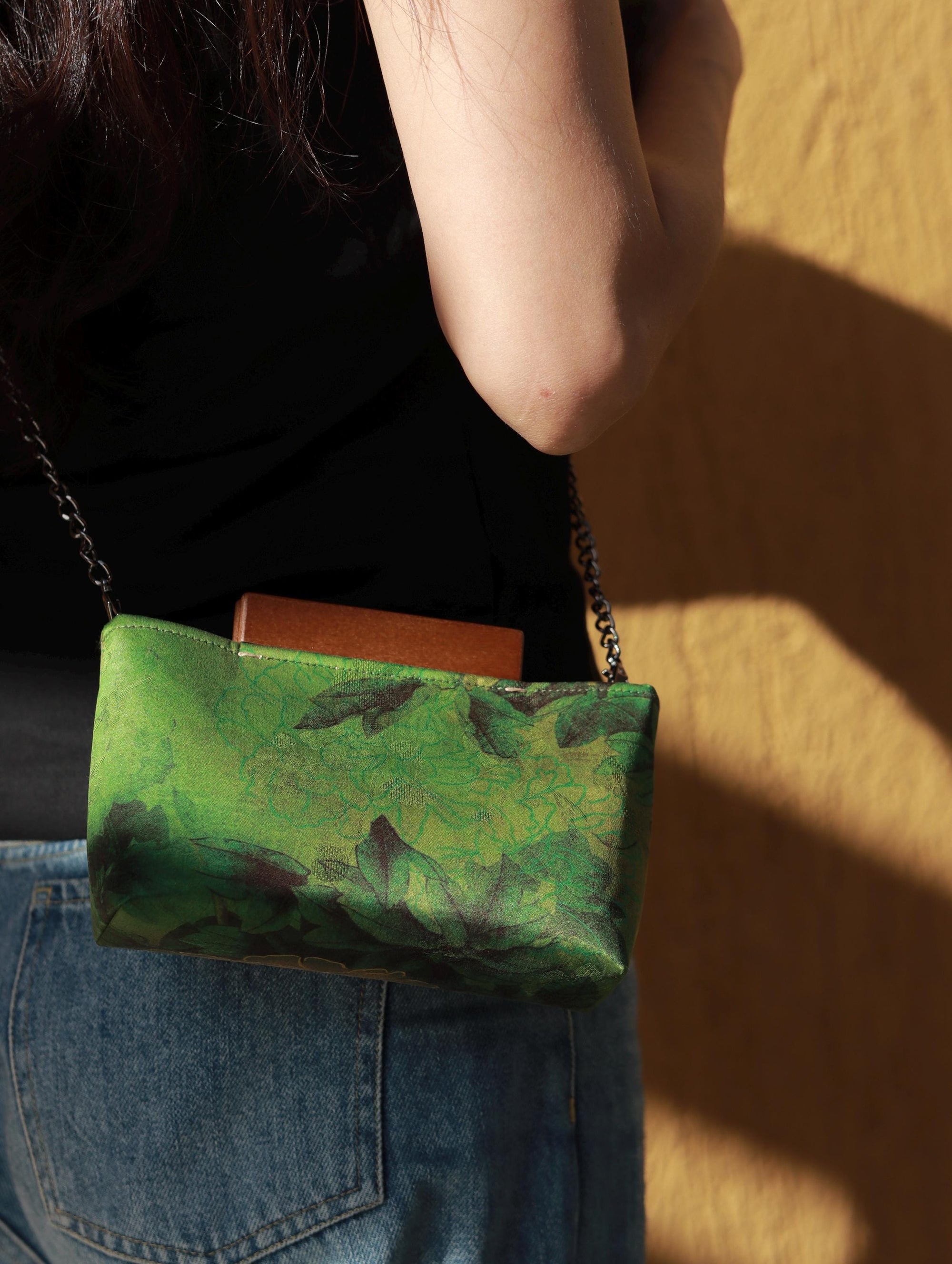 Handmade Silk Handbag with Wooden Clasp | Natural Dyed Xiangyun Silk Persimmon Print Crossbody | Oriental Heritage Evening Purse