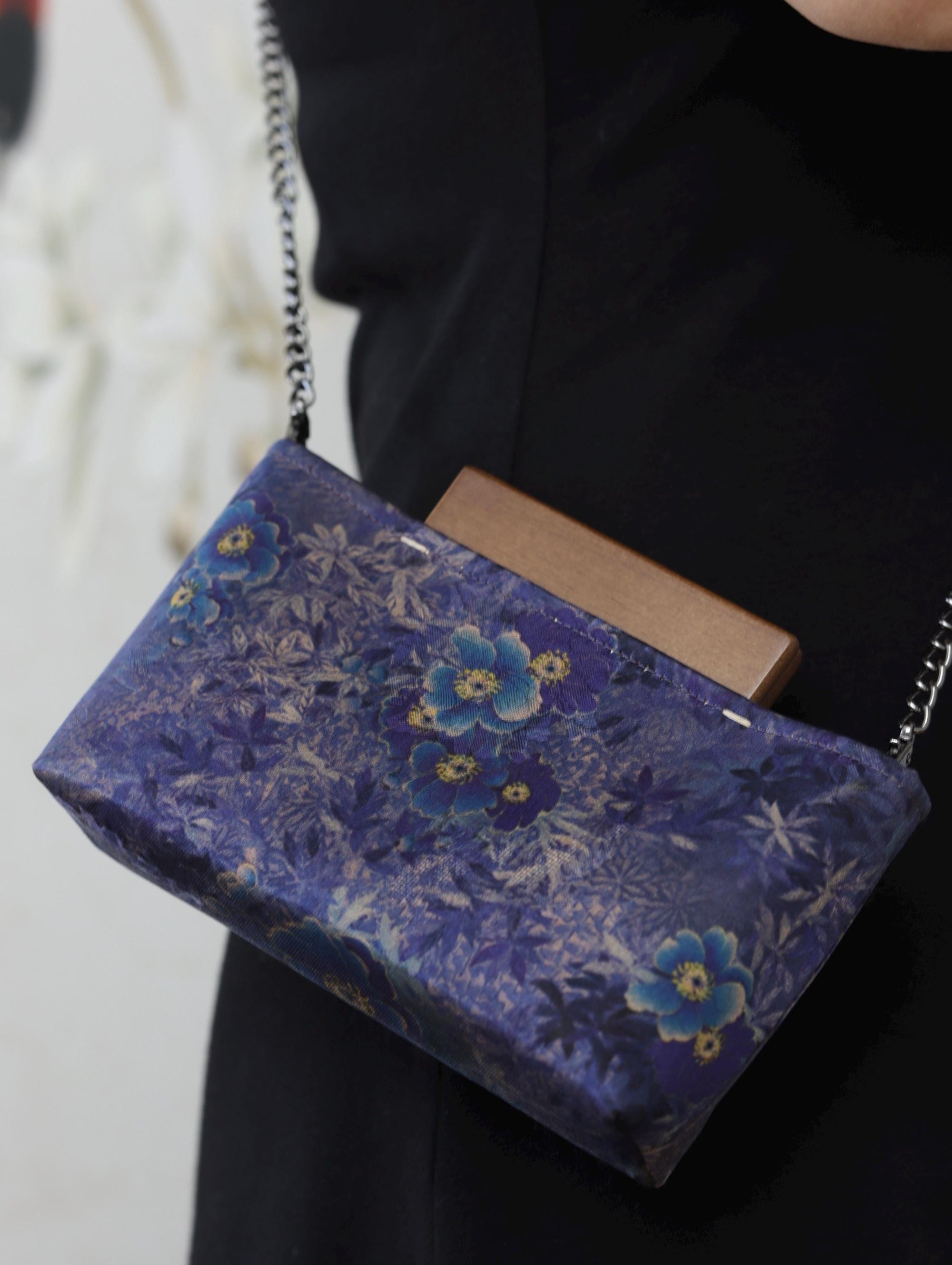 Handmade Silk Handbag with Wooden Clasp | Natural Dyed Xiangyun Silk Persimmon Print Crossbody | Oriental Heritage Evening Purse