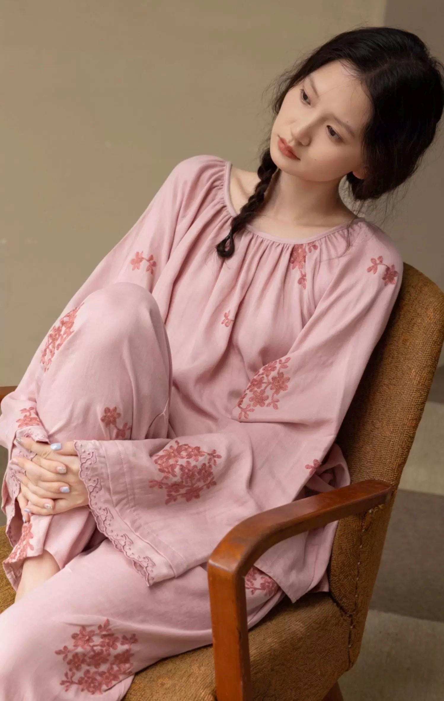 Bamboo Fibre Cotton Embroidered Loungewear Bamboo Cotton/Breathable Winter Pajamas