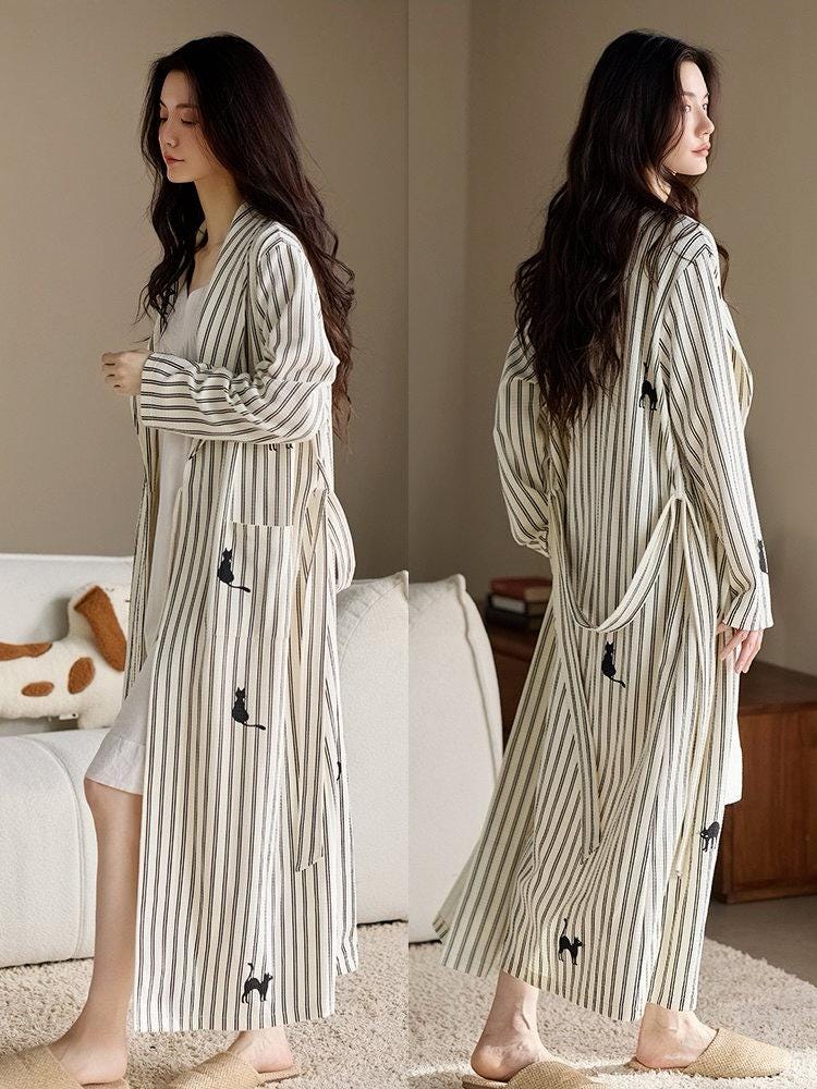 Striped Waffle Cotton Robe with Embroidered Kitten | Women’s Long Dressing Gown | Breathable Loungewear Gift for Her