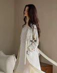 Striped Waffle Cotton Robe with Embroidered Kitten | Women’s Long Dressing Gown | Breathable Loungewear Gift for Her