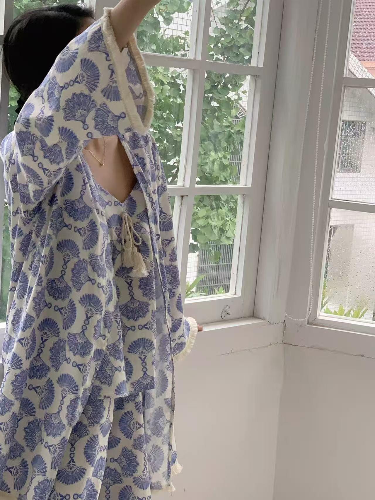 Cotton Kimono Robe 3PCS Set: Blue Fan Print Loungewear - Linen Feel Pyjmas