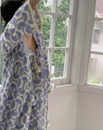 Cotton Kimono Robe 3PCS Set: Blue Fan Print Loungewear - Linen Feel Pyjmas