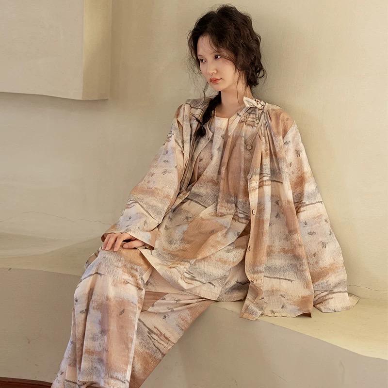 Soft Bamboo Cotton Kimono Pajama Set, 3 Piece Women’s Tie Dye Loungewear