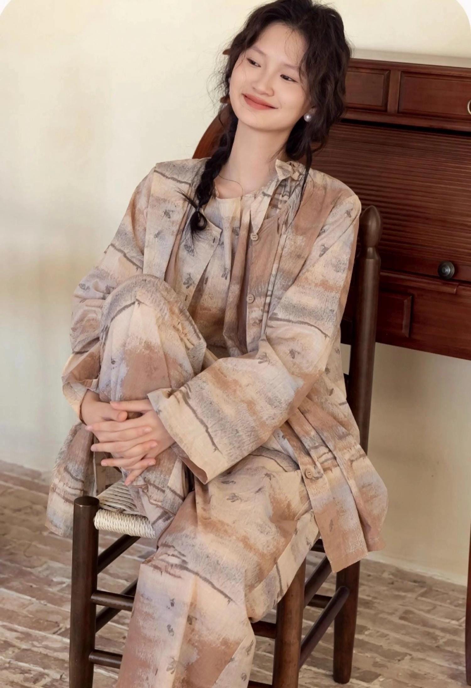 Soft Bamboo Cotton Kimono Pajama Set, 3 Piece Women’s Tie Dye Loungewear
