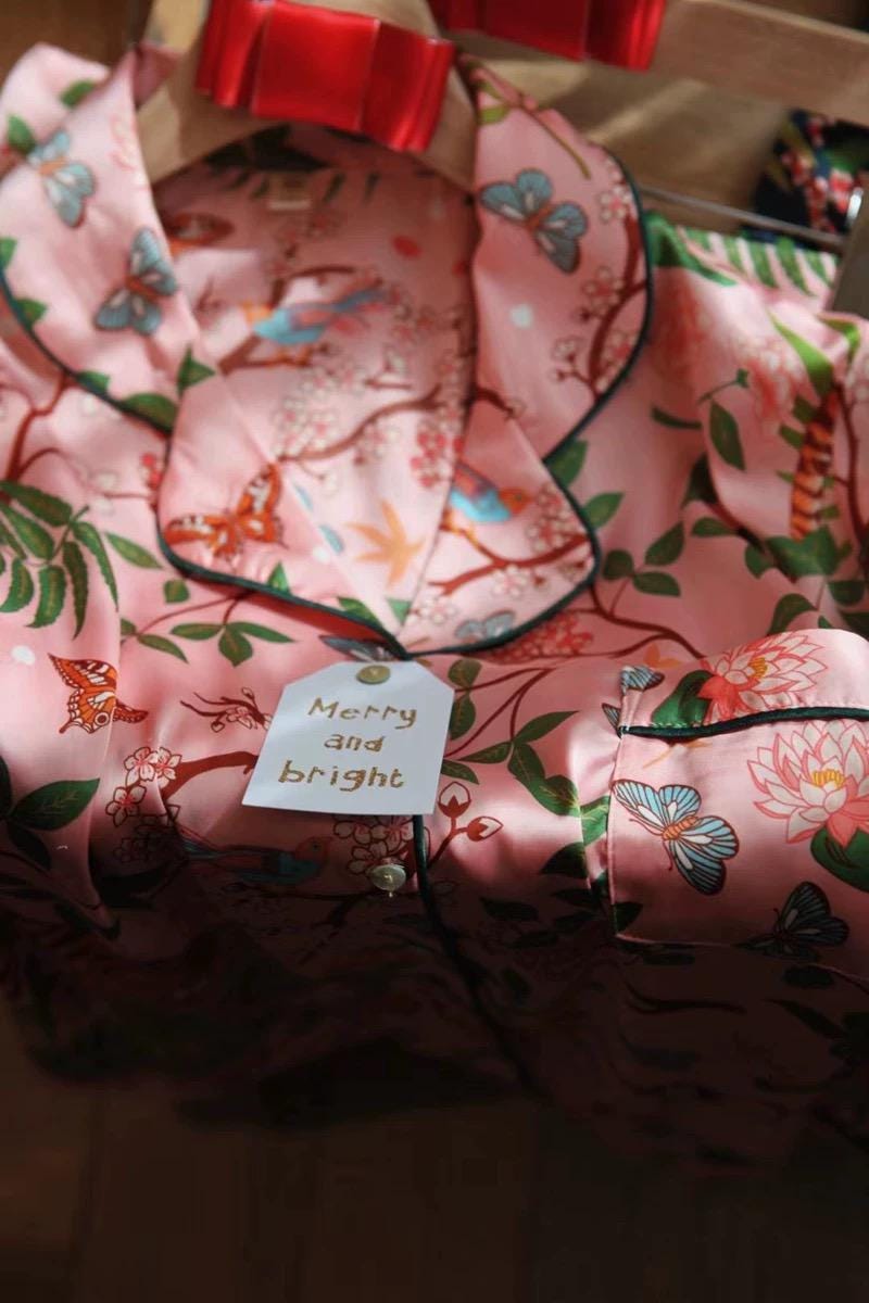 Luxury Silk Blend Christmas Pyjama Set Women – Personalised Message Tag &amp; Gift Box – Floral Tiger Print Satin PJs Christmas Present for Her