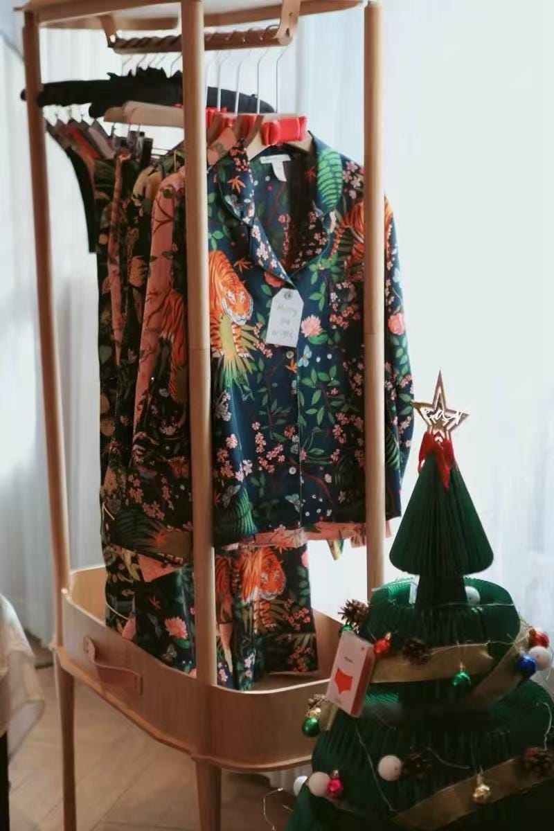 Luxury Silk Blend Christmas Pyjama Set Women – Personalised Message Tag &amp; Gift Box – Floral Tiger Print Satin PJs Christmas Present for Her
