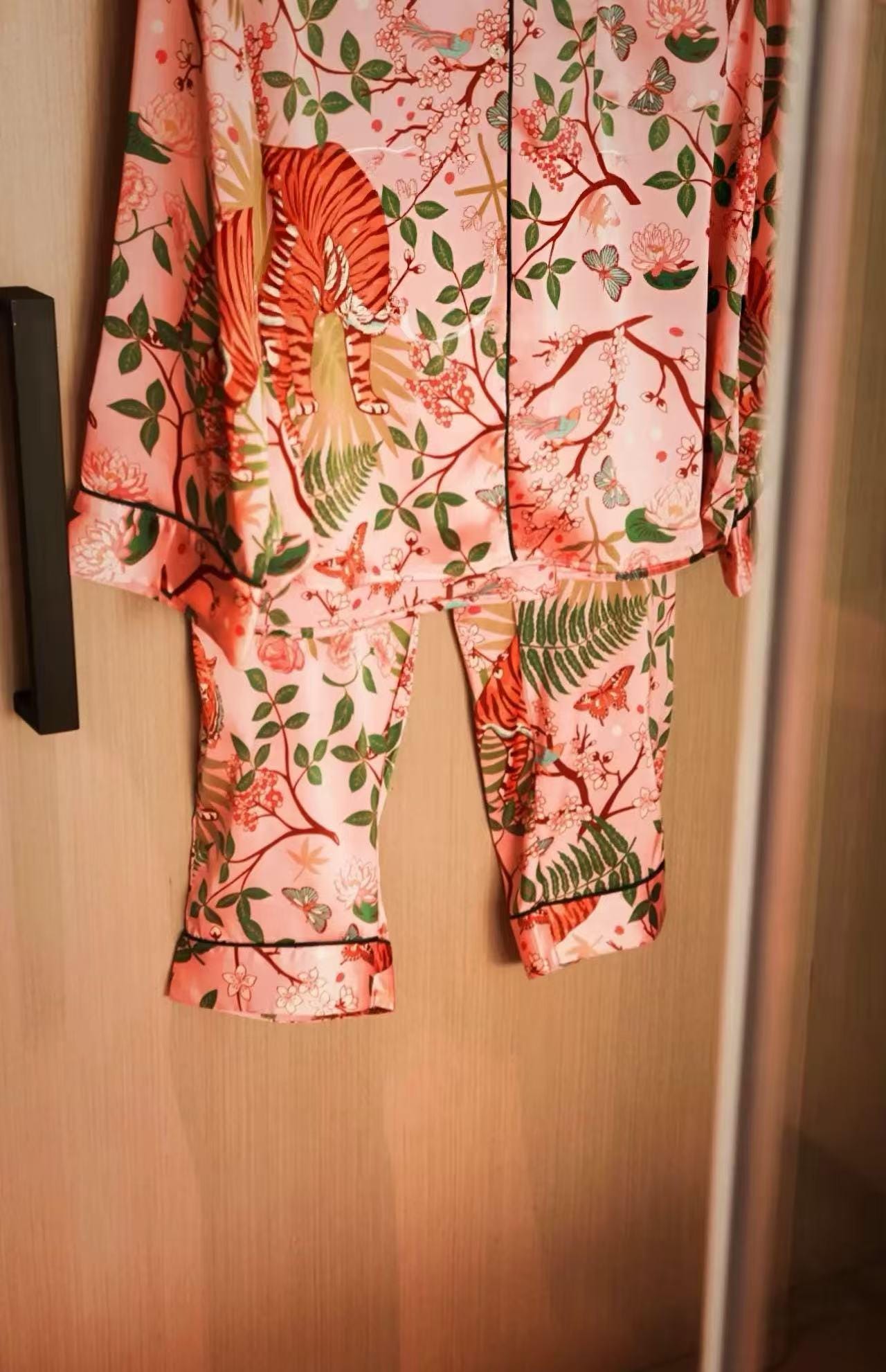 Luxury Silk Blend Christmas Pyjama Set Women – Personalised Message Tag &amp; Gift Box – Floral Tiger Print Satin PJs Christmas Present for Her