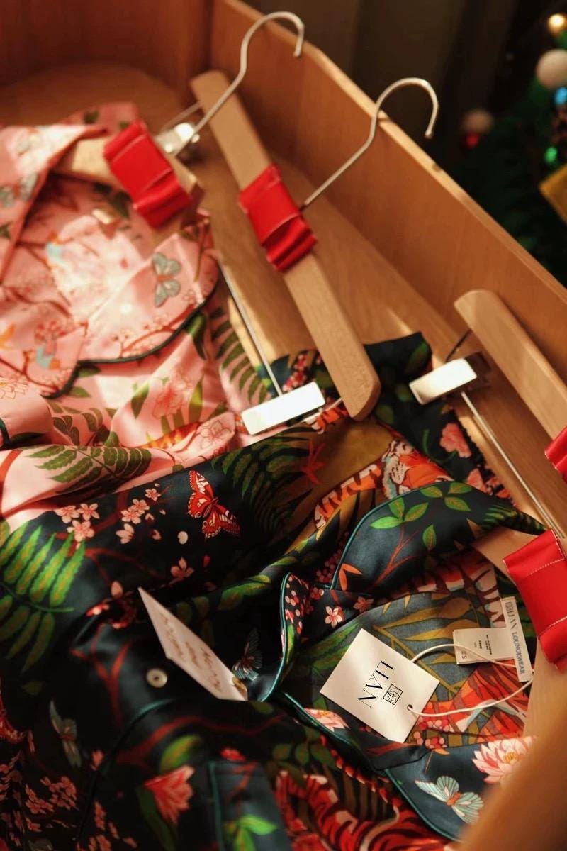 Luxury Silk Blend Christmas Pyjama Set Women – Personalised Message Tag &amp; Gift Box – Floral Tiger Print Satin PJs Christmas Present for Her