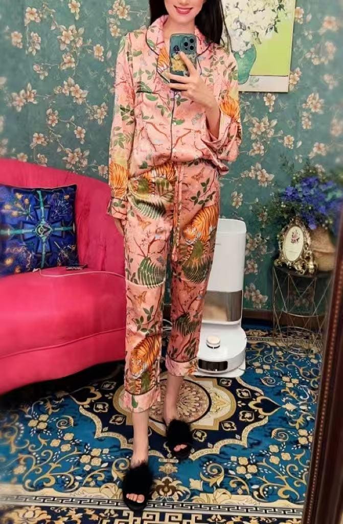 Luxury Silk Blend Christmas Pyjama Set Women – Personalised Message Tag &amp; Gift Box – Floral Tiger Print Satin PJs Christmas Present for Her