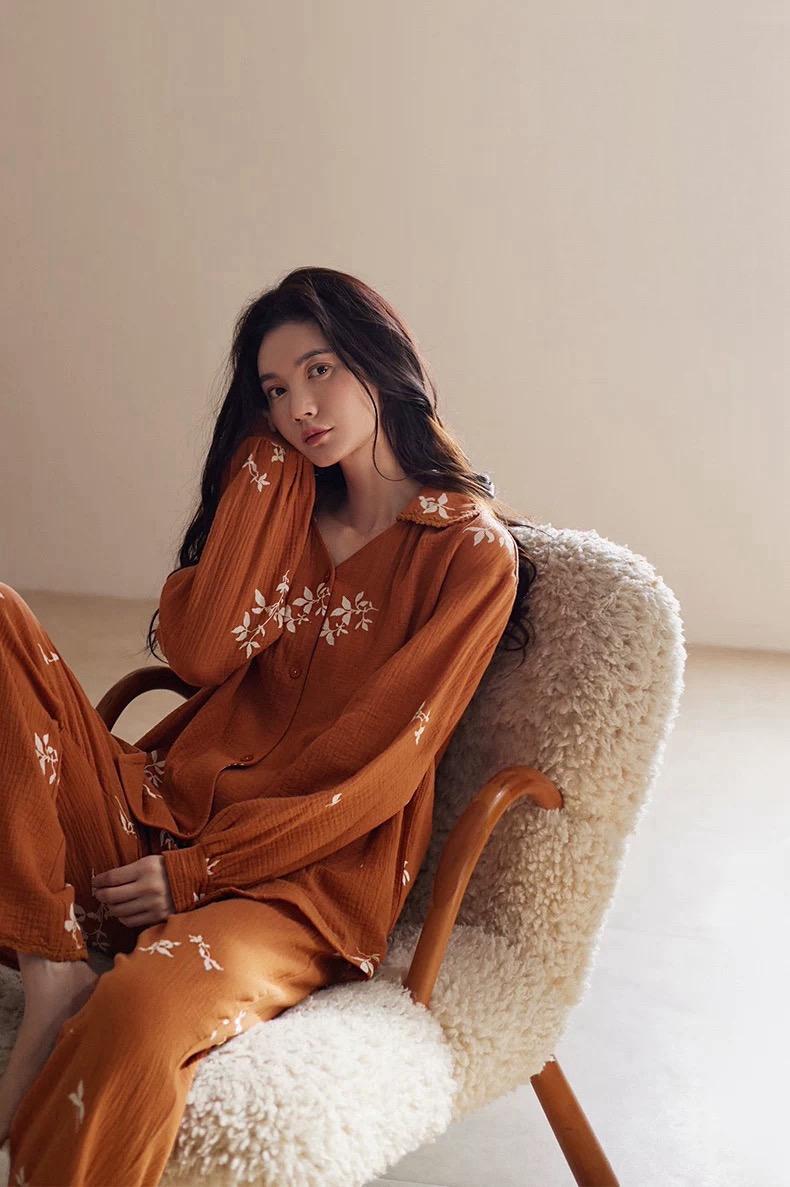 Women's Muslin Cotton Pajamas Dress – Orange Embroidered Loungewear, Button Front Sleep Dress, Relaxed Fit Nightgown, Maternity Dress