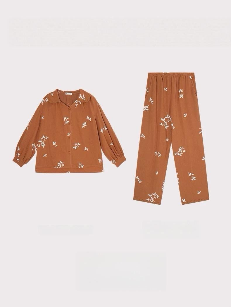 Women's Muslin Cotton Pajamas Dress – Orange Embroidered Loungewear, Button Front Sleep Dress, Relaxed Fit Nightgown, Maternity Dress