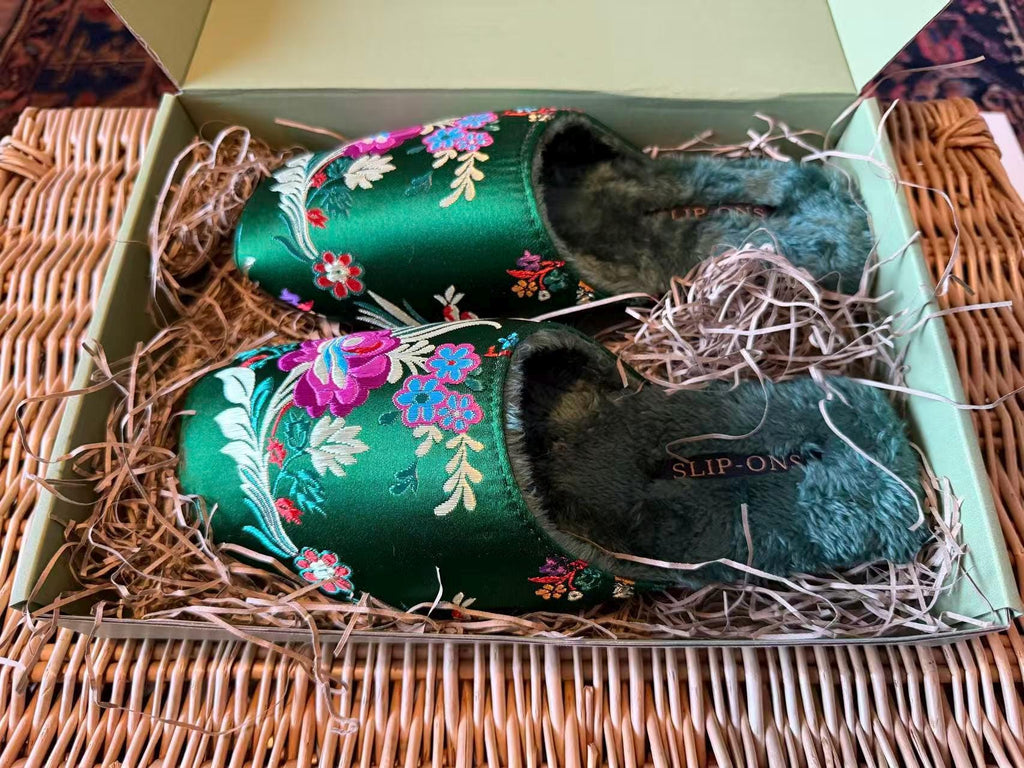 Oriental Embroidered Slippers for Women | Faux Fur Lined Mules | Floral Brocade House Shoes | Winter Gift | Christmas Boutique Favourite