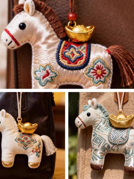 Silk Embroidered Horse Ornament • Lucky Charm Keychain • Oriental Bag Charm • Christmas Stocking Filler • Tree Decor • Mulberry Silk Gift