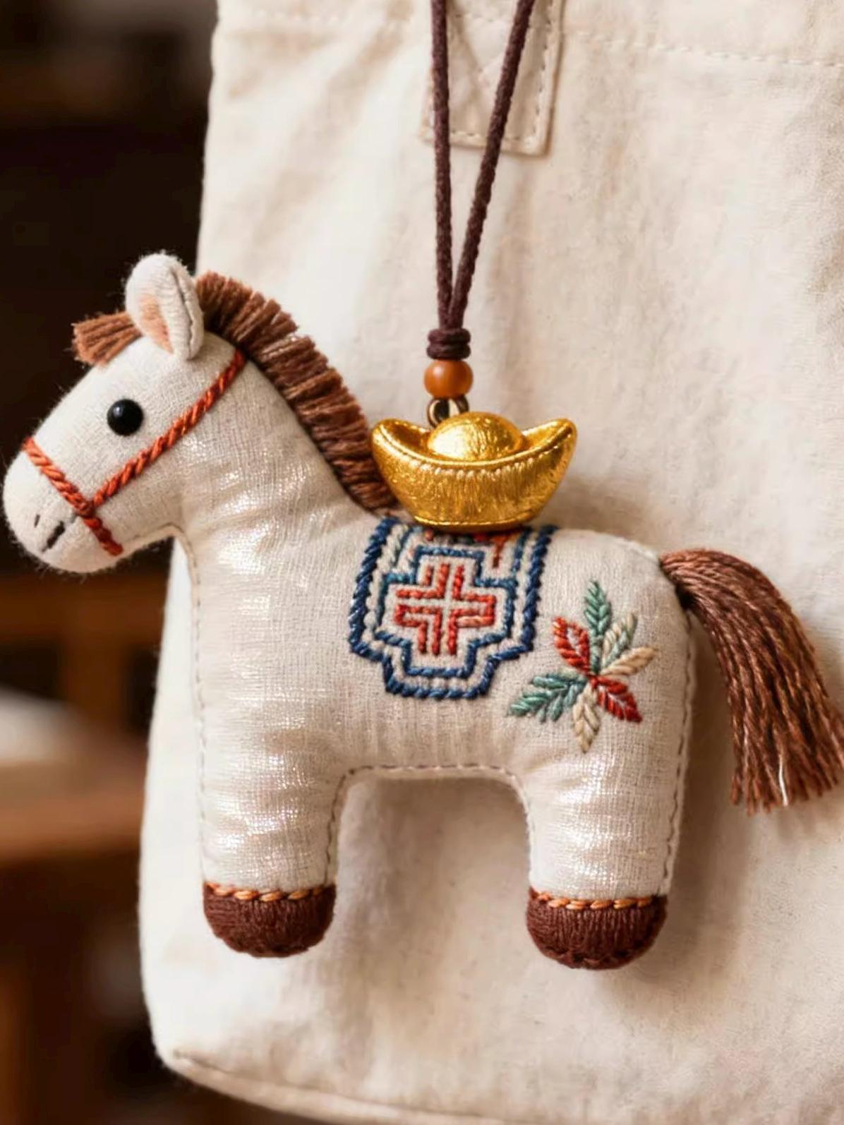 Silk Embroidered Horse Ornament • Lucky Charm Keychain • Oriental Bag Charm • Christmas Stocking Filler • Tree Decor • Mulberry Silk Gift