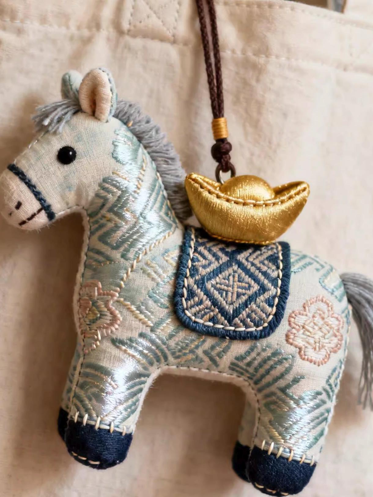 Silk Embroidered Horse Ornament • Lucky Charm Keychain • Oriental Bag Charm • Christmas Stocking Filler • Tree Decor • Mulberry Silk Gift