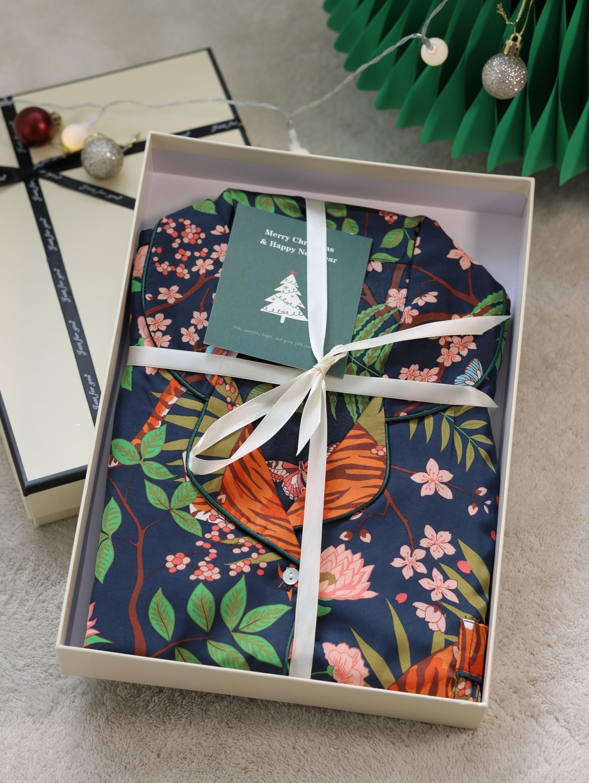 Luxury Silk Blend Christmas Pyjama Set Women – Personalised Message Tag &amp; Gift Box – Floral Tiger Print Satin PJs Christmas Present for Her