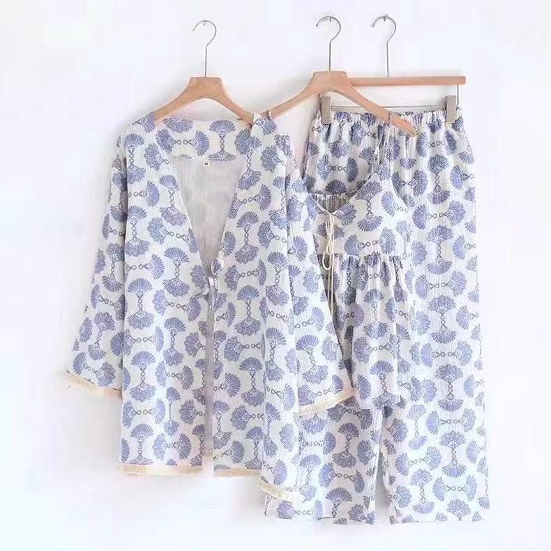 Cotton Kimono Robe 3PCS Set: Blue Fan Print Loungewear - Linen Feel Pyjmas