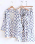 Cotton Kimono Robe 3PCS Set: Blue Fan Print Loungewear - Linen Feel Pyjmas