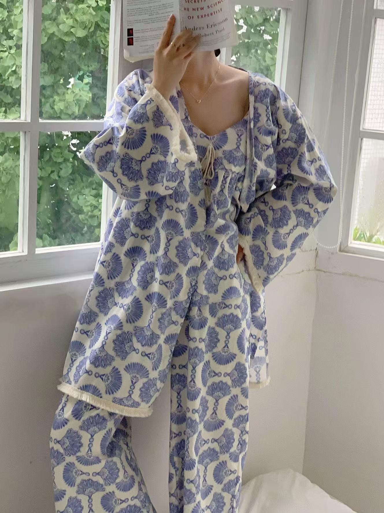 Cotton Kimono Robe 3PCS Set: Blue Fan Print Loungewear - Linen Feel Pyjmas