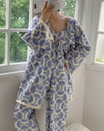Cotton Kimono Robe 3PCS Set: Blue Fan Print Loungewear - Linen Feel Pyjmas