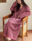 Bamboo Cotton Dressing Robe • Soft Long Loungewear• Vintage Rose Stripe Home Dress • Breathable Sleepwear with Pockets • Gift for Her