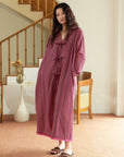 Bamboo Cotton Dressing Robe • Soft Long Loungewear• Vintage Rose Stripe Home Dress • Breathable Sleepwear with Pockets • Gift for Her