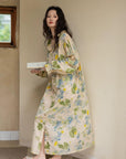 Bamboo Cotton Pajama Set | Green Tone Watercolour Floral Nightdress | Ruffle Collar Button Front | Oversized Style Loungewear