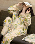 Bamboo Cotton Pajama Set | Green Tone Watercolour Floral Nightdress | Ruffle Collar Button Front | Oversized Style Loungewear
