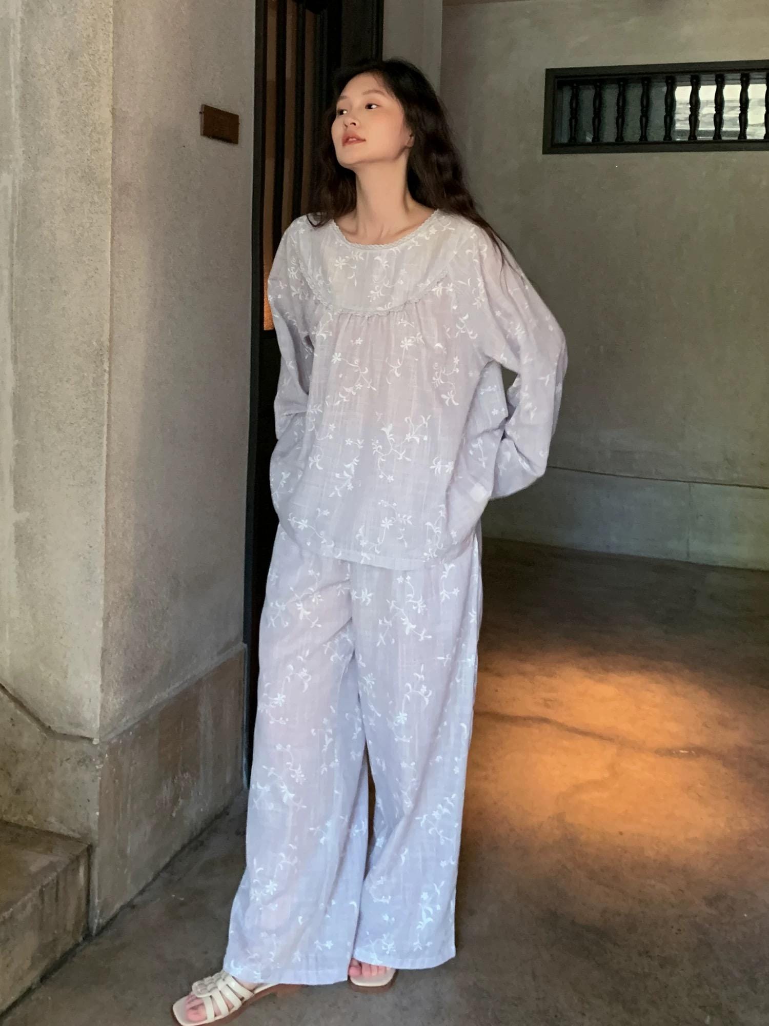 Light Lavender Gauze Cotton Pajama Set Women, Muslin Floral Sleepwear, Loose Fit Long Sleeve Lounge Set, Soft Breathable Nightwear