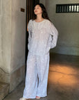 Light Lavender Gauze Cotton Pajama Set Women, Muslin Floral Sleepwear, Loose Fit Long Sleeve Lounge Set, Soft Breathable Nightwear