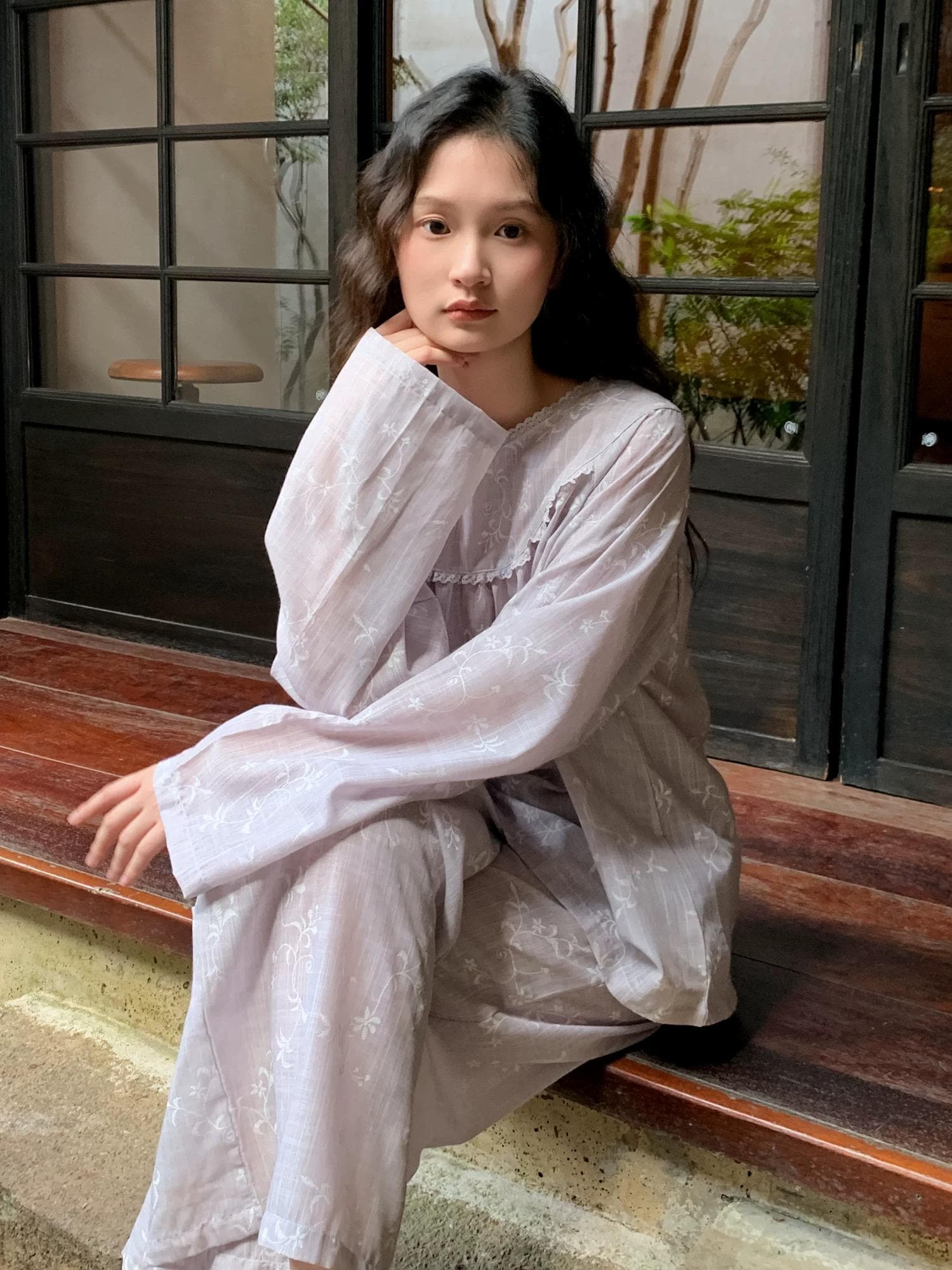 Light Lavender Gauze Cotton Pajama Set Women, Muslin Floral Sleepwear, Loose Fit Long Sleeve Lounge Set, Soft Breathable Nightwear