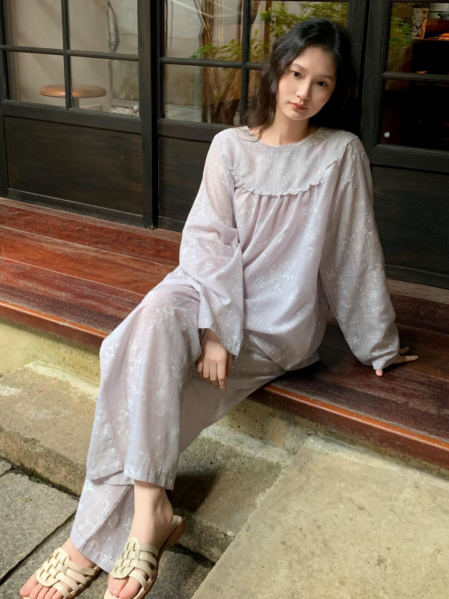 Light Lavender Gauze Cotton Pajama Set Women, Muslin Floral Sleepwear, Loose Fit Long Sleeve Lounge Set, Soft Breathable Nightwear