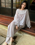 Light Lavender Gauze Cotton Pajama Set Women, Muslin Floral Sleepwear, Loose Fit Long Sleeve Lounge Set, Soft Breathable Nightwear