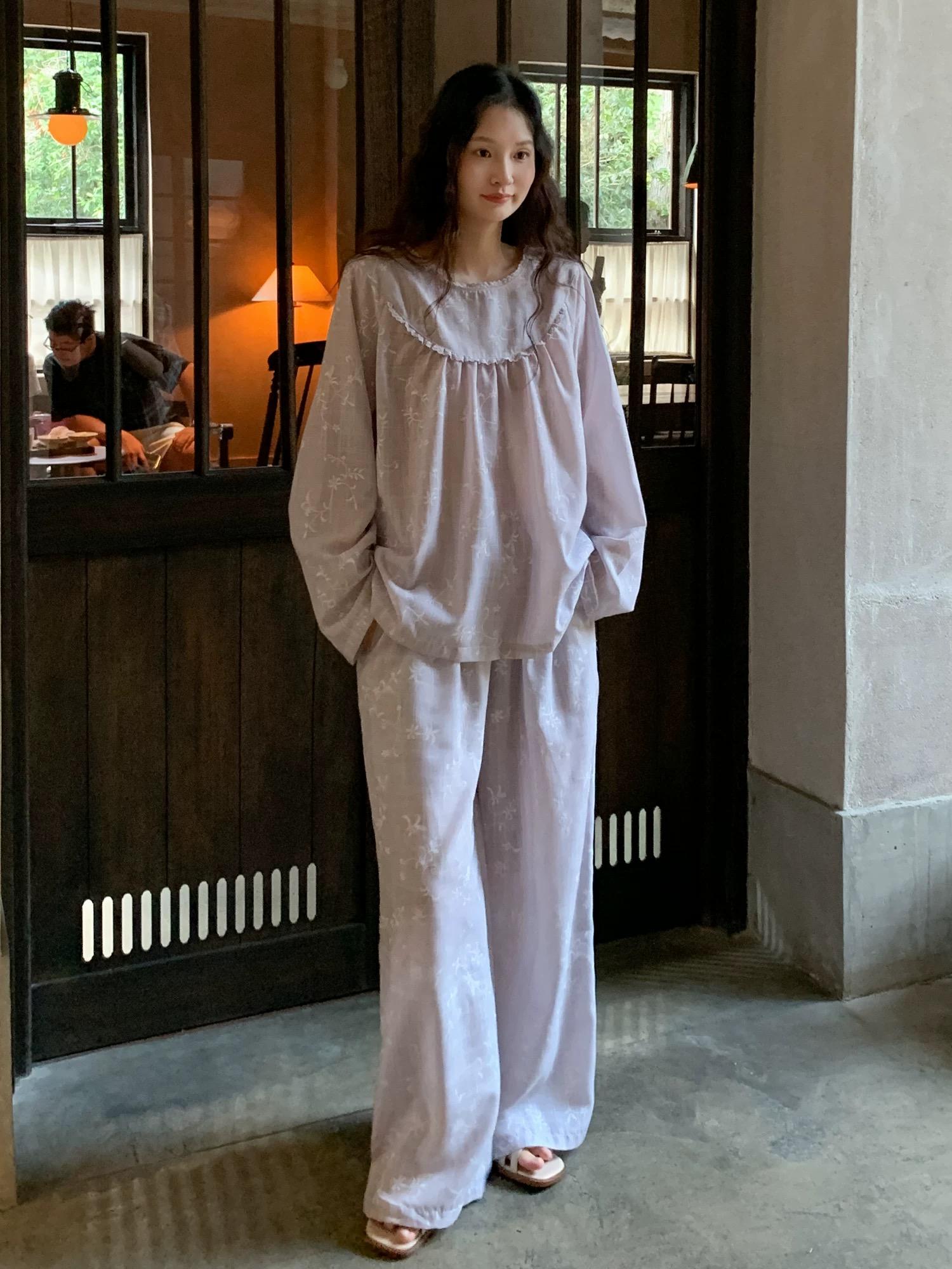 Light Lavender Gauze Cotton Pajama Set Women, Muslin Floral Sleepwear, Loose Fit Long Sleeve Lounge Set, Soft Breathable Nightwear