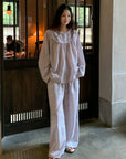Light Lavender Gauze Cotton Pajama Set Women, Muslin Floral Sleepwear, Loose Fit Long Sleeve Lounge Set, Soft Breathable Nightwear
