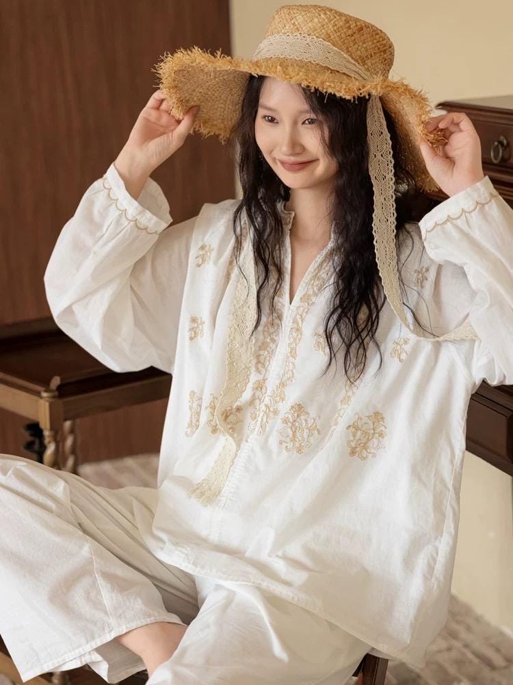 Embroidered Cotton Pajamas Set or Nightgown Dress, Slub Cotton Loungewear, Soft Breathable Loose Fit Sleepwear, Lounge to Street