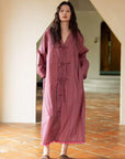 Bamboo Cotton Dressing Robe • Soft Long Loungewear• Vintage Rose Stripe Home Dress • Breathable Sleepwear with Pockets • Gift for Her